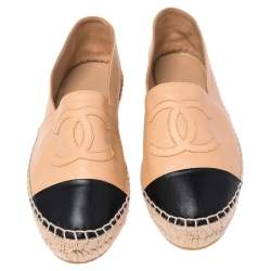 Pre Owned Chanel Beige/Black Leather CC Cap Toe Espadrilles Size 40