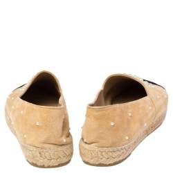 Pre Owned Chanel Beige/Black Suede CC Cap Toe Faux Pearl Embellished Espadrilles Flats Size 41