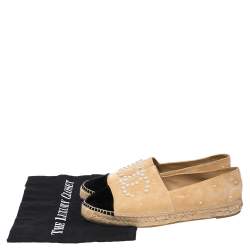 Pre Owned Chanel Beige/Black Suede CC Cap Toe Faux Pearl Embellished Espadrilles Flats Size 41