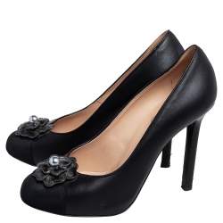 Pre Owned Chanel Black Leather Camellia Embellished Pumps Size 37.5