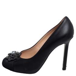Pre Owned Chanel Black Leather Camellia Embellished Pumps Size 37.5