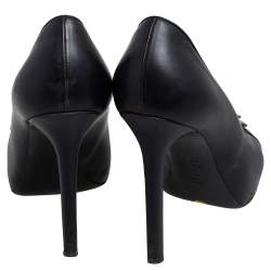 Pre Owned Chanel Black Leather Camellia Embellished Pumps Size 37.5