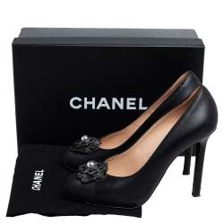 Pre Owned Chanel Black Leather Camellia Embellished Pumps Size 37.5