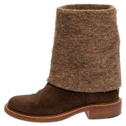 Chanel Brown Suede And Wool CC Mid Calf Boots Size 40