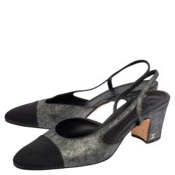 Pre Owned صندل شانيل قماش وسويدي أسود / رصاصي ميتاليك بمقدمة مستديرة وحزام كاحل مقاس 40