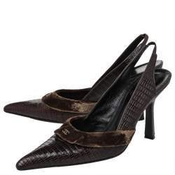 Pre Owned Chanel Vintage Lizard Embossed Leather And Velvet CC Slingback Sandals Size 41 