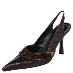 Pre Owned Chanel Vintage Lizard Embossed Leather And Velvet CC Slingback Sandals Size 41 