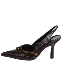 Pre Owned Chanel Vintage Lizard Embossed Leather And Velvet CC Slingback Sandals Size 41 