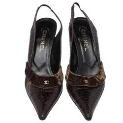 Pre Owned Chanel Vintage Lizard Embossed Leather And Velvet CC Slingback Sandals Size 41 