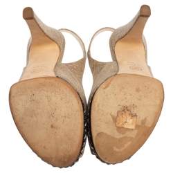 مملوكة مسبقًا Chanel Beige Canvas And Black Leather Peep Toe Platform Slingback Sandals Size 37.5