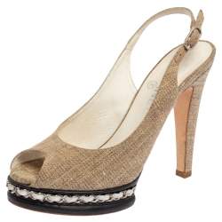 مملوكة مسبقًا Chanel Beige Canvas And Black Leather Peep Toe Platform Slingback Sandals Size 37.5
