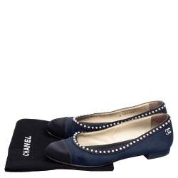 Pre Owned Chanel Black/Navy Blue Satin Pearl Embellished Cap Toe Ballet Flats Size 36.5