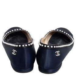 Pre Owned Chanel Black/Navy Blue Satin Pearl Embellished Cap Toe Ballet Flats Size 36.5