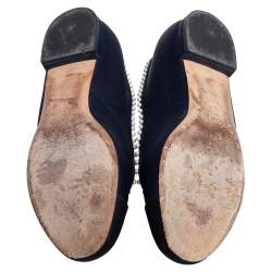 Pre Owned Chanel Black/Navy Blue Satin Pearl Embellished Cap Toe Ballet Flats Size 36.5