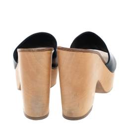 Chanel Cream/Blue Patent Leather CC Wooden Clogs Sandals Size 37.5