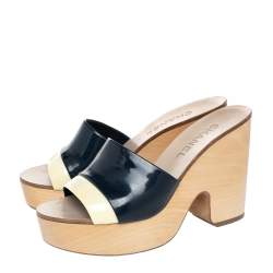 Chanel Cream/Blue Patent Leather CC Wooden Clogs Sandals Size 37.5