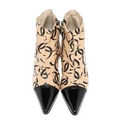 Chanel Beige/Black Leather CC Logo Ankle Boots Size 38