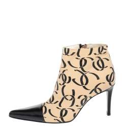 Chanel Beige/Black Leather CC Logo Ankle Boots Size 38