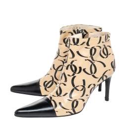 Chanel Beige/Black Leather CC Logo Ankle Boots Size 38