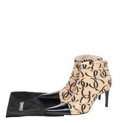 Chanel Beige/Black Leather CC Logo Ankle Boots Size 38