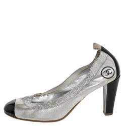 مملوكة مسبقًا حذاء كعب عالي شانيل غطاء مقدمة سي سي جلد وجلد لامع أسود/ فضي مقاس 39