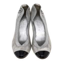 مملوكة مسبقًا حذاء كعب عالي شانيل غطاء مقدمة سي سي جلد وجلد لامع أسود/ فضي مقاس 39