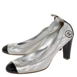 مملوكة مسبقًا حذاء كعب عالي شانيل غطاء مقدمة سي سي جلد وجلد لامع أسود/ فضي مقاس 39