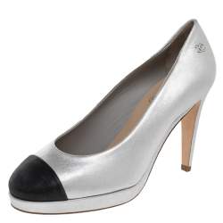 مملوكة مسبقًا Chanel Silver/Black Nubuck Leather Cap Toe Platform Pumps Size 37.5