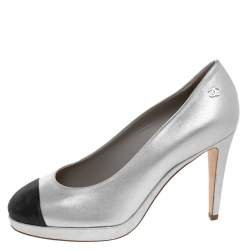 مملوكة مسبقًا Chanel Silver/Black Nubuck Leather Cap Toe Platform Pumps Size 37.5