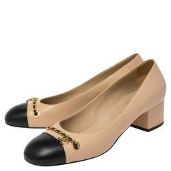 Chanel Beige/Black Leather Chain CC And Clover Cap Toe Pumps Size 42