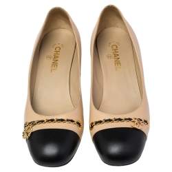 Chanel Beige/Black Leather Chain CC And Clover Cap Toe Pumps Size 42