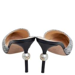 Pre Owned Chanel White/Black Tweed And Leather Faux Pearl CC Heel Mules Size 38