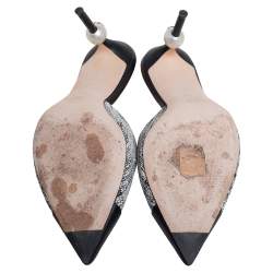 Pre Owned Chanel White/Black Tweed And Leather Faux Pearl CC Heel Mules Size 38