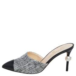 Pre Owned Chanel White/Black Tweed And Leather Faux Pearl CC Heel Mules Size 38