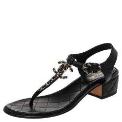 Chanel Black Leather CC Chain Link Thong Sandals Size 36 Chanel