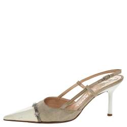 Chanel Cream Patent Leather And Canvas CC Embellished Slingback Sandals Size 38