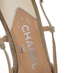 Chanel Cream Patent Leather And Canvas CC Embellished Slingback Sandals Size 38