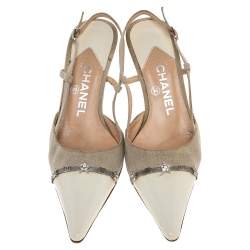 Chanel Cream Patent Leather And Canvas CC Embellished Slingback Sandals Size 38