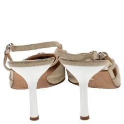 Chanel Cream Patent Leather And Canvas CC Embellished Slingback Sandals Size 38