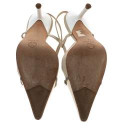 Chanel Cream Patent Leather And Canvas CC Embellished Slingback Sandals Size 38