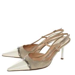 Chanel Cream Patent Leather And Canvas CC Embellished Slingback Sandals Size 38