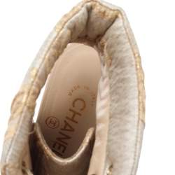 Chanel Beige/Gold Brocade Fabric Lace Up Cut-Out Open Toe Carved Heel Booties Size 36