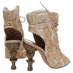 Chanel Beige/Gold Brocade Fabric Lace Up Cut-Out Open Toe Carved Heel Booties Size 36