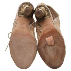 Chanel Beige/Gold Brocade Fabric Lace Up Cut-Out Open Toe Carved Heel Booties Size 36