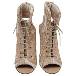 Chanel Beige/Gold Brocade Fabric Lace Up Cut-Out Open Toe Carved Heel Booties Size 36