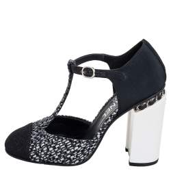 مملوكة مسبقًا Chanel Black Tweed and Fabric Cap Toe T-Strap Sandals Size 39