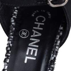 مملوكة مسبقًا Chanel Black Tweed and Fabric Cap Toe T-Strap Sandals Size 39