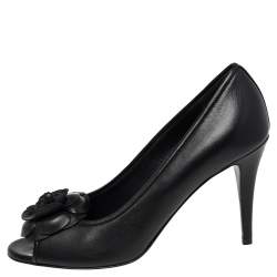 Pre Owned Chanel Black Leather Camellia Peep Toe Pumps Size 39