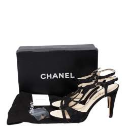 Pre Owned صندل شانيل سويدي قصات مفرغة أسود شعار الماركة سي سي سير كاحل مقاس 39.5