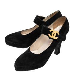 Pre Owned Chanel Vintage Black Suede CC Mary jane Platform Pumps Size 38